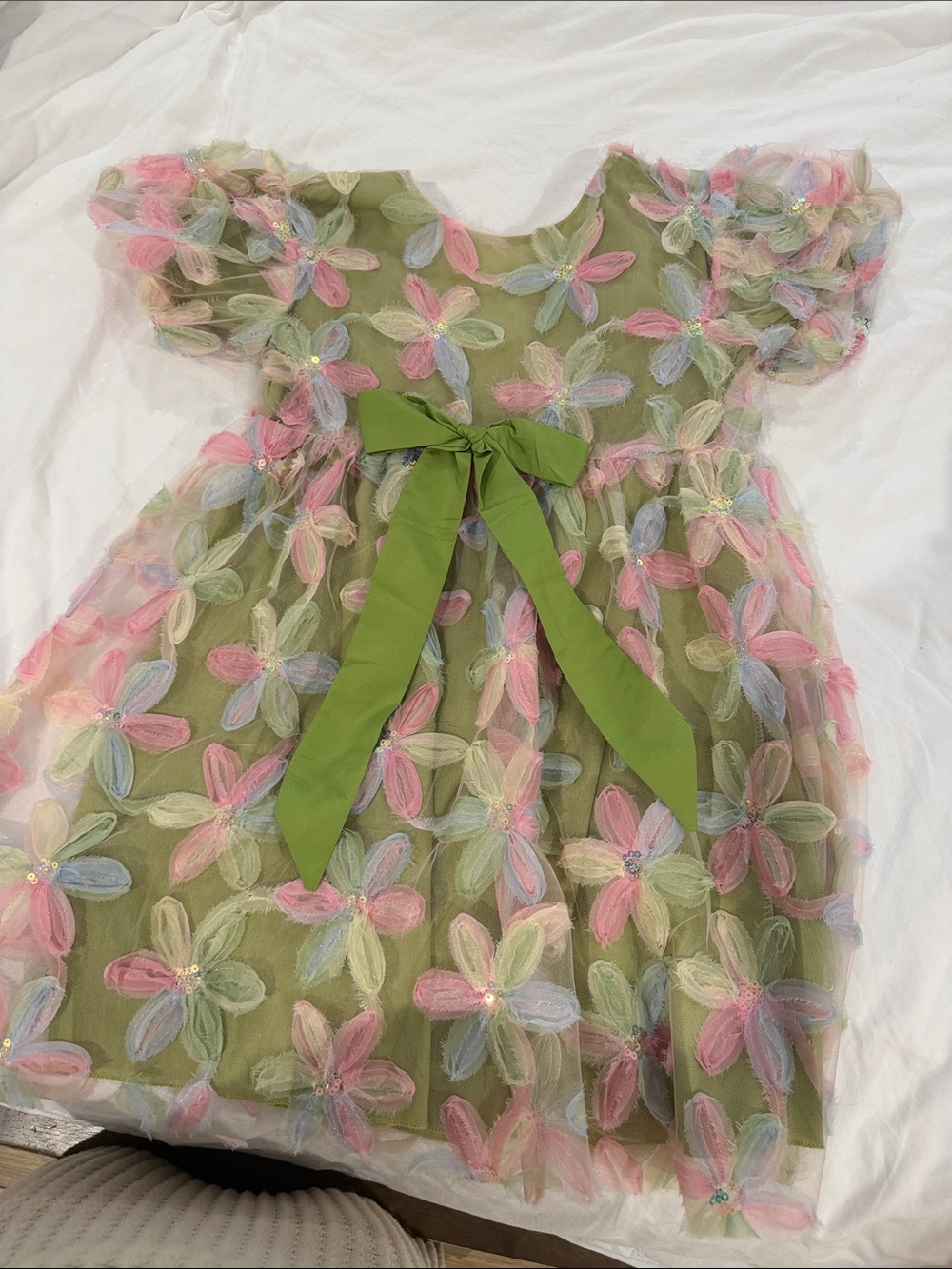 Olive Green Floral Tulle Dress with Bow